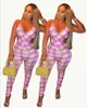 Färgglada Plaid Printed Skinny Jumpsuits Womens Elegance Sexy Rompers Party Night Club Holiday Outfits Catsuits 210525