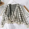 Streetwear Gingham Plaid Crop Top och Cardigan Passar Harajuku Stickad Två Piece Set Kvinnor Outfits Tröja Jumper 210514