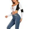 Koszulka damska z długim rękawem szwu kolor bloku patchwork Slim fit skinny Lace-up Hollow Out Short Streetwear 210522