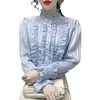 Vårmodig Temperament Blus Kvinna Beaded Stand Collar Blusa Ruffled skjorta C685 210506