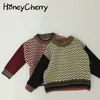 Red long-sleeved pullover sweater literary boys and girls winter round neck striped children cloth 210515