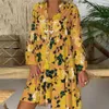 Jocoo Jolee Frauen Printig V-Ausschnitt Vintage Rüschen Böhmen Button Sommer Langarm Lose Sexy Casual Mini Kleid Strand Stil 210619