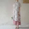 Johnature femmes Style chinois robe Ramie Stand manches courtes Cheongsam été imprimé Floral a-ligne bouton robes 210521