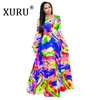 XURU Women Long Maxi Dress Floral Printed Long Sleeve V Neck Belted Chiffon Dresses Casual Beach Loose Dress Plus Size S-3XL-5XL X0521