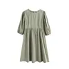 Babydoll Robe Vert Femme O-cou Court Mini Lanterne Manches Blouses Femme A-ligne Dames es Été 210421