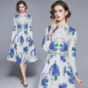 Printemps été créateur de mode élégant Midi Dres manches longues col rabattu fleur imprimé plissé 210531