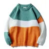 Контрастный зимний свитер Мужчины Colorblock повседневная теплый пэчворк мужская пуловер свободный корейский стиль Ribbed Hem Streetwear вязаный 210524