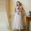 Pist Indie Halk Tavuskuşu Nakış Elbise kadın V Yaka Fener Kollu Yüksek Bel Yay Eşarp Pamuk Uzun Tatil Elbiseler 210529