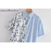 Blauw gestreepte patchwork vrouwen casual blouses zomer mode korte mouw losse shirts vrouwelijke hoge lage zoom gedrukte tops 210604