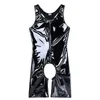 Mäns kroppssaxar Black Mens Lingerie Wetlook Patent Leather Sleeveless Front Zipper Crotchless Singlet Boxer Briefs Leotard2415