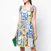 Старинные без рукавов цветочные печать летнее платье женские взлетно-посадочные полосы спагетти ремешок для вечеринки барокко голубое женское Vestidos 210421