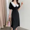 Korejpaa Women Dress Korea Chic Temperament Double-layer Doll Collar Contrast Pleated Lace-up Waist Bubble Sleeve Vestidos 210526