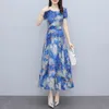 夏のファッションの気質女性韓国の首の花プリント半袖シフォンカジュアルドレス210531