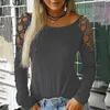 Kvinnor Blusar Höst Kvinna Svart Basic Shinny Fashion Casual Crew Neck Studded Hollow Out Långärmad T-shirt Tops