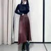 Старинные женщины искусственная искусственная кожа длинная юбка элегантная коричневая плиссированная высокая талия тонкий асимметричный 210430
