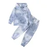 Children's Clothing Boys Girls Tie Dye Long Sleeve Blue Hooded Sweater Blue Pants Fashion Style Set 2021 Spring Autumn New X0902