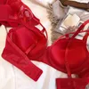 NXY Sexy Zestaw Mody Red Hollow Out Bra i Majtki Zestaw Czysty Kolor Sexy Bielizna Deep V Push Up Brassiere Koronki Kobiety Bielizna Plus Rozmiar C D 1127