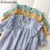 Kimutomo Summer Fresh Plaid Bluzka Kobiety Koreański Ruffles Szycie Krótki Rękaw O-Neck Cienka Koszula Eleganckie Casual 210521