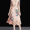 春の夏のファッション女性のドレス半袖ビーズプリントビンテージプリーツドレス210531