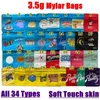 3.5g Torby Mylar 25Types Cookie Edibles Pack Bag Balla Jagody Sweet Tea Stickybuns Pieprz cytrynowy Jeef OG Gelatti Sorbet Mleko zbożowe Zapach Dowody Resealable Baggies