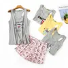 Summer Sweet 60% cotton sleeveless shorts pajama set sleepwear Korea Cute cartoon O-neck pyjamas 210809