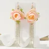 Trendy Weibliche Rosa Stoff Blume Tropfen Ohrringe Für Frauen Mode Bling Strass Kette Quaste Baumeln Ohrring Partei Schmuck