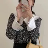 黒いシャツボタン花柄フリルピーターパン襟フレア長袖トップ韓国ジャパンB0757 210514