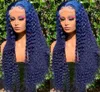 Lange Krullend Donkerblauw Kant Voor Menselijk Haar Pruiken Braziliaanse Diepe Golf Synthetische Pruik Lijmloze Pre Geplukt met Babyhair