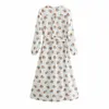 ZA White Print Poplin Midi Summer Jurk Dames Lange Mouw Elegante Gebonden Zelfriem Party Jurken Vrouw Zijpjes Vestidos 210602