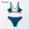 SEASELFIE Sexy Sporty Bleu et Noir Crochet Bikini Ensembles Maillot De Bain Deux Pièces Maillots De Bain Femmes Été Plage Maillot De Bain 210630