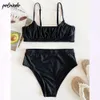 Yüksek bel bikini mayo şınav mayo katı Brezilyalı mayo biquini bikini beachwear 210621