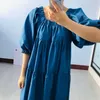 [EAM] Women Blue Brief Long Big Size Denim Dress Round Neck Half Sleeve Loose Fit Fashion Spring Summer 1U749 21512