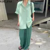 Korejpaa Donna Imposta Estate Coreano Chic Ladies All-Fiammifero Verde Bianco Camicia ampia Pantaloni a gamba larga scozzesi a vita alta 210526