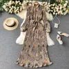 Autumn Dress Temperament Turtleneck Waist Slim Long Sleeves Lace Up Wild Floral Maxi Vestidos UK016 210630
