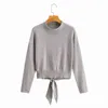 tricoté col roulé dos nu pulls femme nœud papillon gris automne hiver à manches longues pull décontracté pull 210427