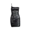 Jocoo Jolee femmes Sexy une épaule dos nu en cuir PU jupe Vintage noir Punk froncé Mini robe mince moulante Club robe 210518