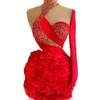 Nouveau Rouge Mini Sirène Robes De Cocktail Perles Sheer Col Haut Une Épaule À Manches Longues En Dentelle Appliques Arabe Robe De Soirée De Bal Go211f