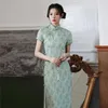 Ethnic Clothing Light Green Satin Lady Cheongsam Elegant Floating Floral Chinese Dress Gown Slim Mandarin Collar Qipao Vintage Button Vestid