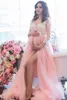 2021 Sexy Blush Pink Tulle Kimono Kobiety Suknie Wieczorowe Szata Dla Photoshoot Lace Aplikacje Prom Suknie Afryki Cape Cloak Caternity Dress fotografia