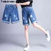 Penna rippade hål denim shorts kvinnor plus storlek sommarstil smal knä längd lång shorts skärpa jeans 211129