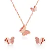 Moda borboleta colar estilo bonito pingente colares brincos conjuntos de aço inoxidável cadeias de jóias conjunto de ouro rosa