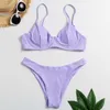 Lila en axel spets upp bikini set kvinnor baddräkter solid bikinis mujer push drawstring baddräkt slips baddräkt 210702