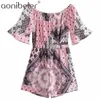 Printed Summer Women Rompers Short Flare Sleeve Off Shoulder Playsuit Female Causal High Waist Jumpsuits 210604