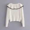 Femmes Blanc Cardigan Pull Perles Bouton Tricoté Veste Manteau Volants Tops Automne Hiver 210421