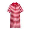 Vermelho azul pagou vestido de malha giro para baixo botão de colarinho manga curta mini verão d1146 210514