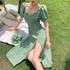 Lime smak fransk retro kvadrat krage blommig klänning frisk temperament split sexig sommar puff ärm vestido mujer plus siz 210601