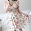 Elegant Light Pink Sweet Floral Printed Ruffle Spaghetti Strap V-neck Chiffon A-line Slim Sexy Short Party Club Dress Summer 210608