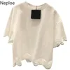 Neploe Coreano Chic Camisas Verão Temperamento Branco Camisa O-pescoço Escavar Lace Retalhos Tops Ropa Para Mujeres de Moda 210422