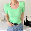 Korean Women O-Neck Short Sleeve Ribbed Sexy Tops Summer Casual Skinny Slim Basic Woman T Shirts Solid Color 210519