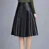 High Waist Leather Sheepskin A-Line Skirts Elegant Black Skirt Korean Womens Female Indie Folk Knee Length Ladies Office Skirt 210619